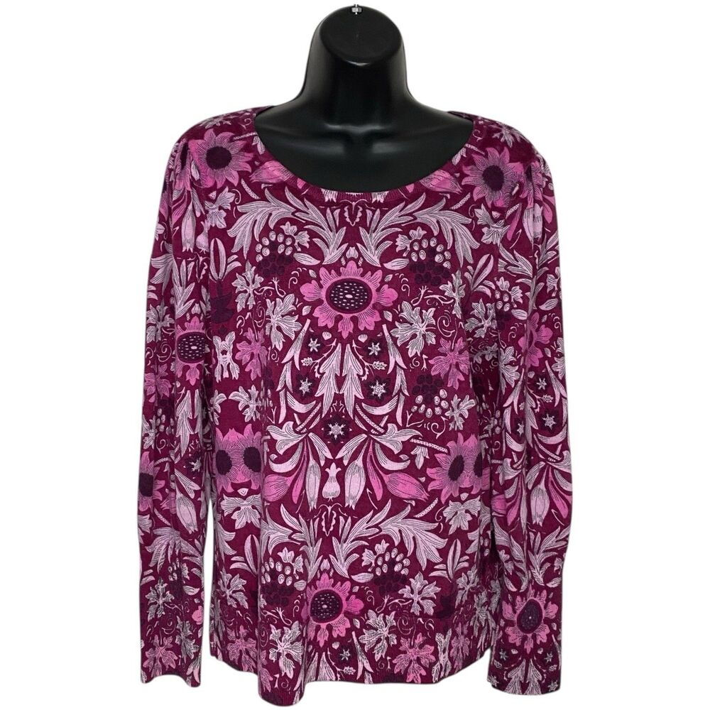Talbots Sweater Womens L Purple Pink Merino Wool Floral Cottage Romantic Boho